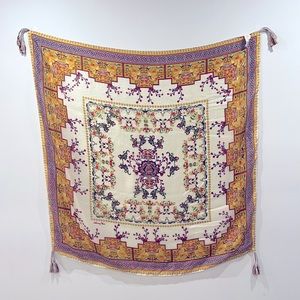 Johnny Was "Asia" Silk Tassel Scarf - 44" Square - Yellow Ivory Burgundy